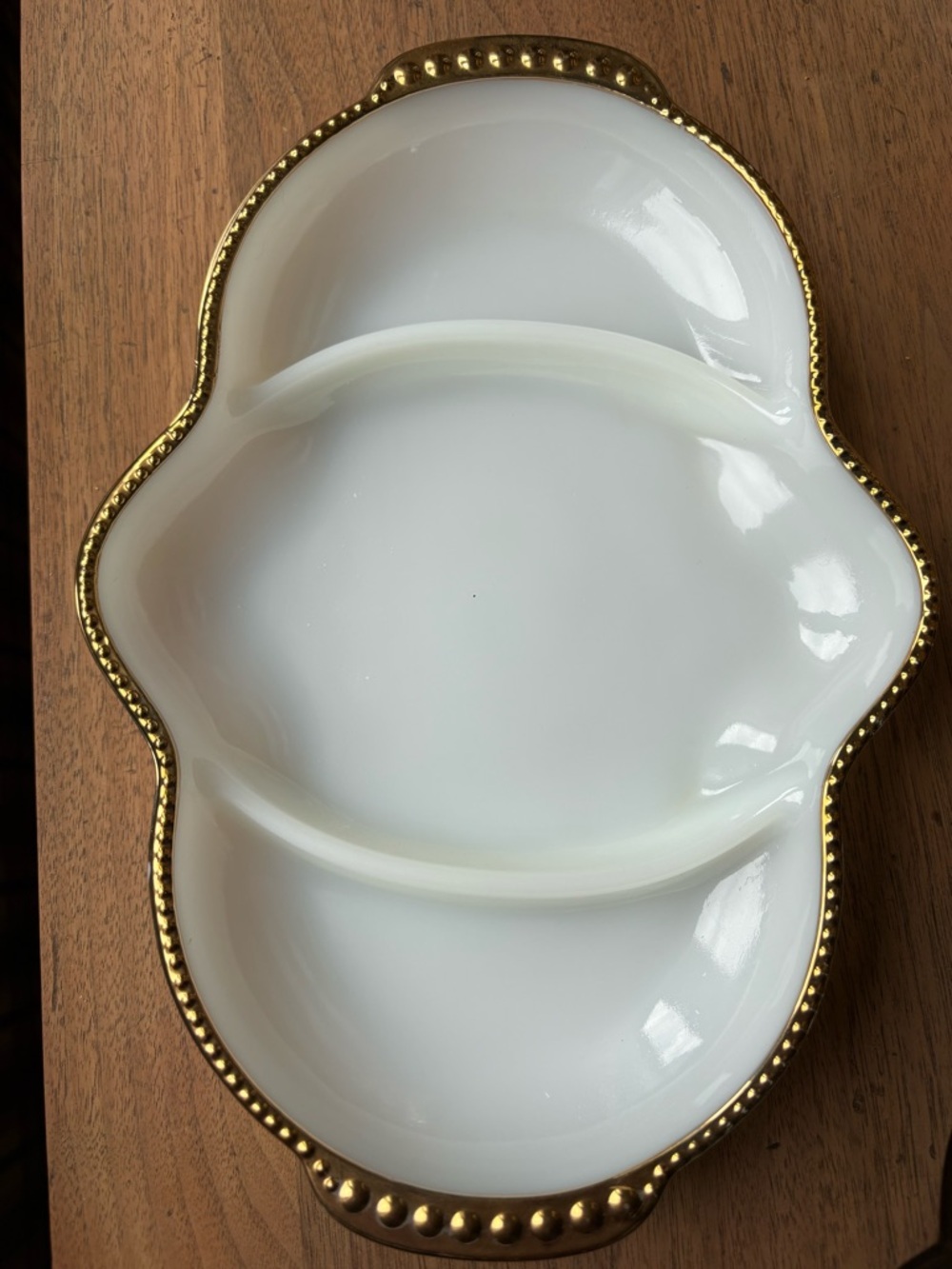 Vintage Fire-King Milk Glass Divided Relish Tray - Gold Beaded Rim
